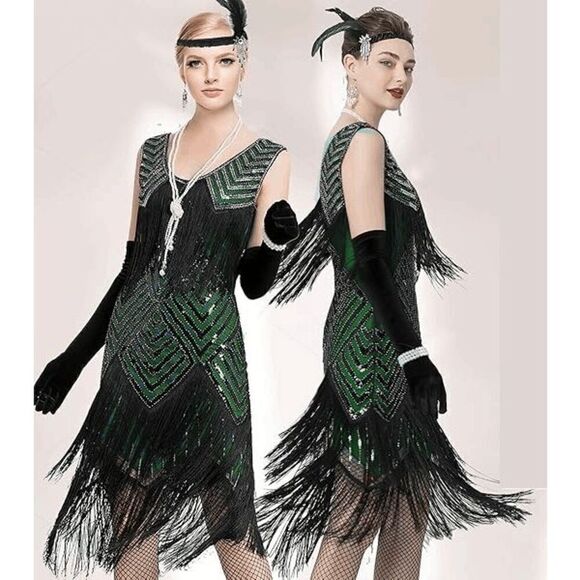 ✨💚 Flapper Great Gatsby 1920s Retro Tassel Fringe Sequin Green Dress S NEW - Picture 7 of 17